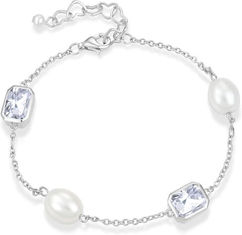 925 Sterling Silver Pearl and Birthstone Bracelets for Women, Adjustable Cubic Zirconia CZ Bracelet Birthday Anniversary Jewerly Gifts for Mom Wife in Kuwait