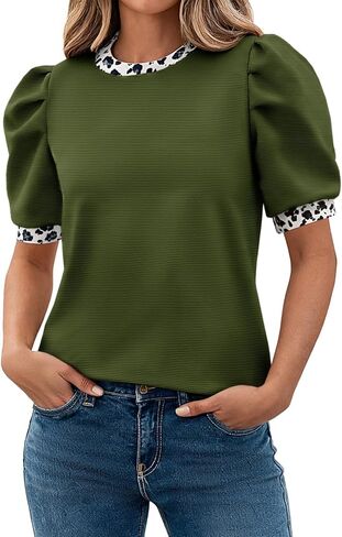 Tankaneo Womens Puff Short Sleeve Tops 2026 Summer Dressy Casual Crew Neck Work Blouses Leopard Loose Fit T Shirt in Kuwait