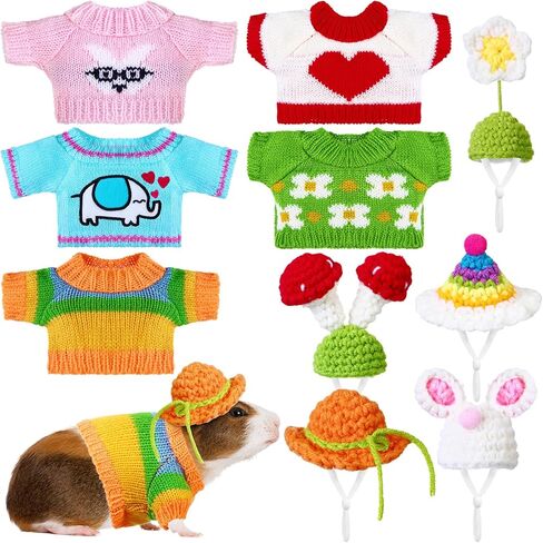 10 PCS Guinea Pig Cloths Set ، 5 ملابس زي خنزير غينيا ، 5 قبعة صغيرة لطيفة مع حزام قابل للتعديل حيوان صغير دافئ سترة دافئة دافئ قبعة يدوية متبكّمة لأرنب الهامستر (الطراز الطازج) in Kuwait