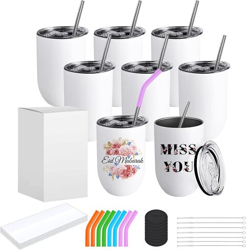 ColorSub Sublimation Straight Wine Tumblers 12oz, 16 Pack Stainless Steel Double Wall Sublimation Blanks Wine Cups with Lids & Straws, Brush, Shrink Wrap, Silicone Straw Tips, Gift Box in Kuwait