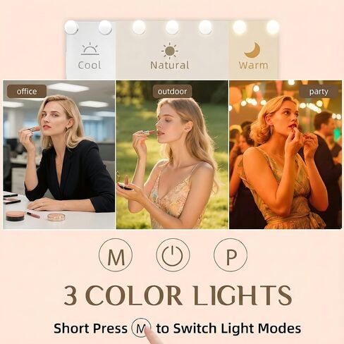 Makeup Vanity Mirror with 15 Dimmable LED Bulbs，23"x18" Large Vanity Mirror with 3 Color Lights，Detachable 10X Magnifying Mirror，White Vanity Lighted Mirror for Tabletop and Wall Mounted in Saudi Arabia