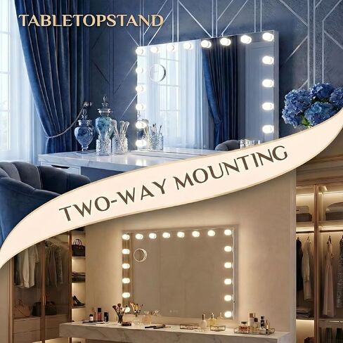Makeup Vanity Mirror with 15 Dimmable LED Bulbs，23"x18" Large Vanity Mirror with 3 Color Lights，Detachable 10X Magnifying Mirror，White Vanity Lighted Mirror for Tabletop and Wall Mounted in Saudi Arabia