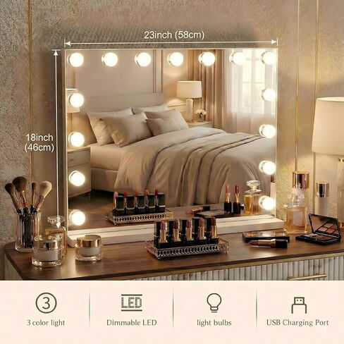 Makeup Vanity Mirror with 15 Dimmable LED Bulbs，23"x18" Large Vanity Mirror with 3 Color Lights，Detachable 10X Magnifying Mirror，White Vanity Lighted Mirror for Tabletop and Wall Mounted in Saudi Arabia