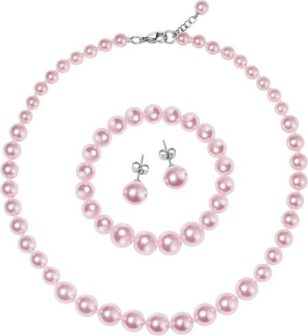 Pearl Jewelry Set for Women – 3-Piece Glass Imitation Pearl Necklace, Bracelet & Stud Earrings Set, Faux Jewelry for Weddings, Parties, and Gifts in Saudi Arabia