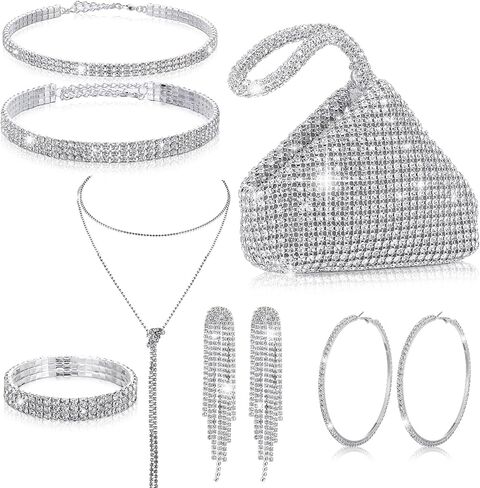 7pcs Women Rhinestone Jewelry Set Wedding Triangle Bling Evening Clutch Bag Silver Rhinestone Necklace Bracelet Crystal Dangle Fringe Earrings for Wedding Bridal Jewelry New Years Eve Party in Saudi Arabia