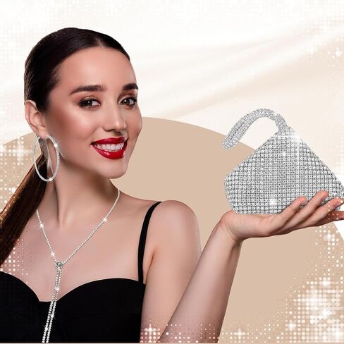 7pcs Women Rhinestone Jewelry Set Wedding Triangle Bling Evening Clutch Bag Silver Rhinestone Necklace Bracelet Crystal Dangle Fringe Earrings for Wedding Bridal Jewelry New Years Eve Party in Saudi Arabia