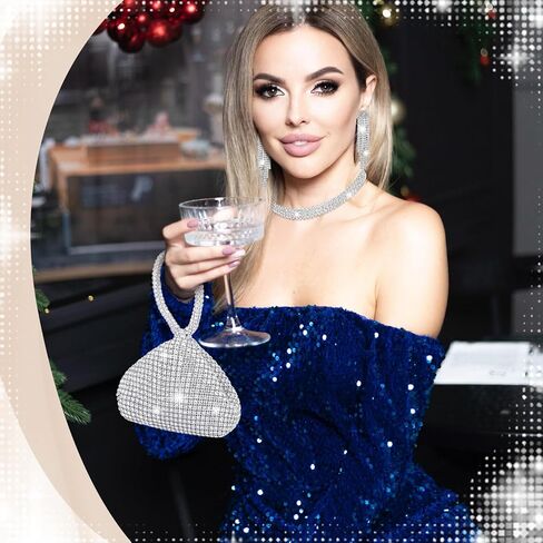 7pcs Women Rhinestone Jewelry Set Wedding Triangle Bling Evening Clutch Bag Silver Rhinestone Necklace Bracelet Crystal Dangle Fringe Earrings for Wedding Bridal Jewelry New Years Eve Party in Saudi Arabia