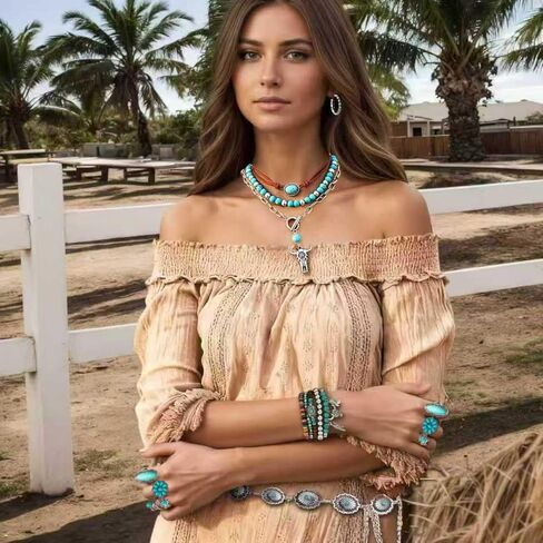 مجموعة مجوهرات فيروزية غربية مكونة من 19 قطعة للنساء من بوهو كونشو وحزام متدلي وأقراط متدلية وأساور قابلة للتكديس وحلقات مفصل لحفلة راعية البقر الغربية العتيقة in Saudi Arabia