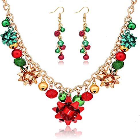 Long tiantian Christmas Necklace Earrings Set Jingle Bell Necklace Xmas Bow Deer Charm Necklaces Jewelry Christmas Outfits for Women Accessories Stocking Stuffers 2025 in Saudi Arabia