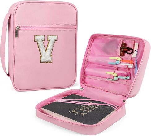 أغلفة الكتاب المقدس للفتيات ، Fruobeyla Pink Bible Factions for Woman Pu Leather Bible Case Case for Women ، غطاء كبير للكتاب مع مقبض وجيب سحاب للأطفال ، 10.2 "× 7.8" × 2.7 "وردي (الحرف K) in Kuwait