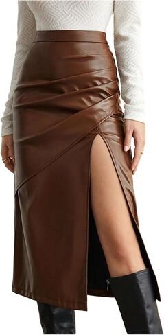 Women's Pu Leather Midi Skirt Elegant Ruched Split High Elastic Waist Going Out Skirts in Saudi Arabia