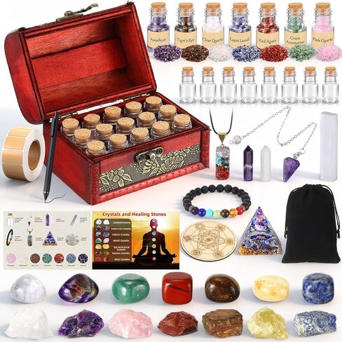 64 Pcs Crystals and Healing Stones Set for Meditation,7 Raw Chakra Stones Crystals Kit Pyramid Reiki Real Crystal Stone with Wooden Box, Lava Bracelet, Chakra Necklace, Gifts for Crystal Beginners in Saudi Arabia