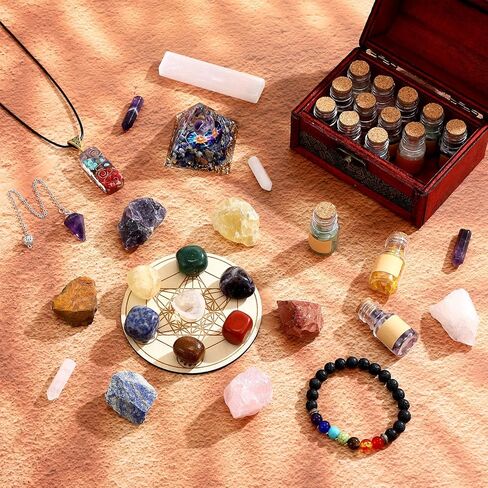 64 Pcs Crystals and Healing Stones Set for Meditation,7 Raw Chakra Stones Crystals Kit Pyramid Reiki Real Crystal Stone with Wooden Box, Lava Bracelet, Chakra Necklace, Gifts for Crystal Beginners in Saudi Arabia