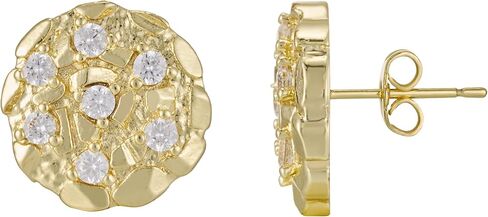14K Gold Plated Nugget Earrings For Men Women, Unisex Round Textured Cookie Nugget Stud, Cubic Zirconia Round Shape Earrings Studs Gold in Saudi Arabia
