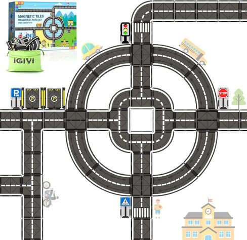 104 PCS Magnetic Tiles Road Set, STEM Magnet Building Blocks for Kids Toddler Toys Games, Christmas Birthday Gifts for 3+ Year Old Boys Girls, Car Enthusiasts and Classroom Must Haves in Kuwait