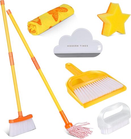 Masthome 8 Pieces Kids Cleaning Set,Wooden Cleaning Toys for Kids Broom Dustpan Mop Brush Duster Rag Sponge and Hanging Stand,Skill Developmental Pretend Play Kit for Toddlers,Children in Saudi Arabia