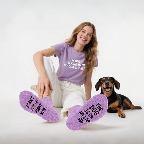 Dog Mom Socks Funny Puppy Lover Fuzzy Fleece Dog Is On My Lap Xmas Birthday Mother's Day (Hot Pink/Purple) in Saudi Arabia