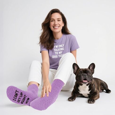 Dog Mom Socks Funny Puppy Lover Fuzzy Fleece Dog Is On My Lap Xmas Birthday Mother's Day (Hot Pink/Purple) in Saudi Arabia