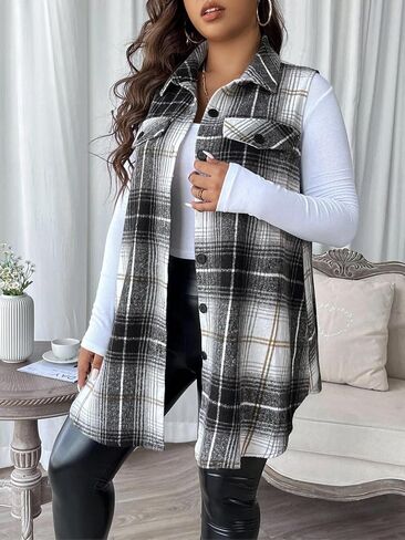 Plus Size Women's Fashion Plaid Fake Pockets Vest Jacket Ladies Casual Button Front Fitted Sleeveless Design Fall & Winter in Saudi Arabia