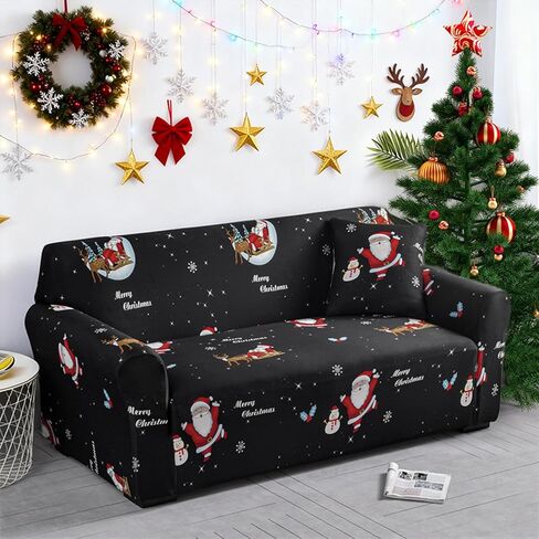 Christmas Theme Stretch Sofa Cover,Christmas Tree Candy Snowman Cookies Snowhouse Holiday Elastic Couch Cover Soft Red Sofa Slipcover for Living Room(3 Seater) in Saudi Arabia