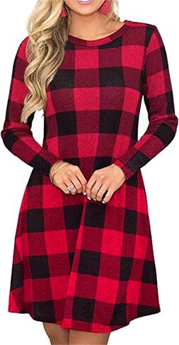 PALINDA Women's Long Sleeve Plaid Dress Casual Swing Christmas Dress with Pockets in Saudi Arabia