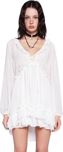 Dolls Kill Sunset Chaser Babydoll Dress by Current Mood – Women’s Sheer Chiffon Ruffle Long Sleeve Mini Dress in Saudi Arabia