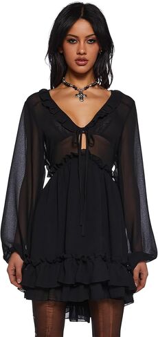 Dolls Kill Sunset Chaser Babydoll Dress by Current Mood – Women’s Sheer Chiffon Ruffle Long Sleeve Mini Dress in Saudi Arabia