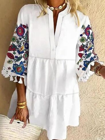 Women Button Down Pleated Shirt Dress Summer Short Sleeve Blouse Print Mini Dresses in Saudi Arabia