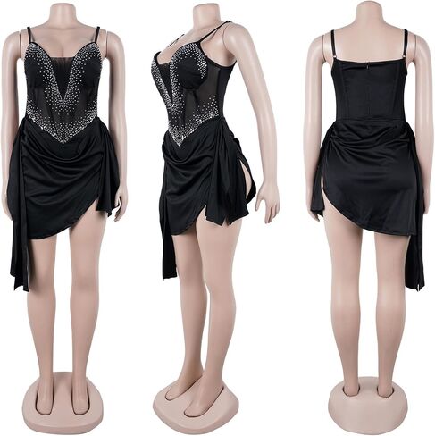 Geulis Women's Sexy Rhinestone Prom Birthday Dresses Mesh Sleeveless Bodysuit Bodycon Mini Party Dress in Saudi Arabia