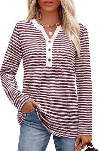 Striped Long Sleeve Shirt Women Waffle Knit Tops V Neck Shirts Womens Blouses Basics Clothing Cruise Outfit in Kuwait