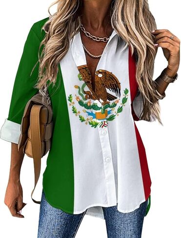 Mexican Flag Women's Casual Shirt Button Down Top Long Sleeve Blouses V Neck Tunic for Leggings in Saudi Arabia