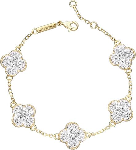 14k Gold Plated Sparkling White Cubic Zirconia Clover Bracelet for Women, Dainty Four Leaf Clover Sparkling White Bracelet, Adjustable Size, Trendy Jewelry Gifts For Her in Saudi Arabia