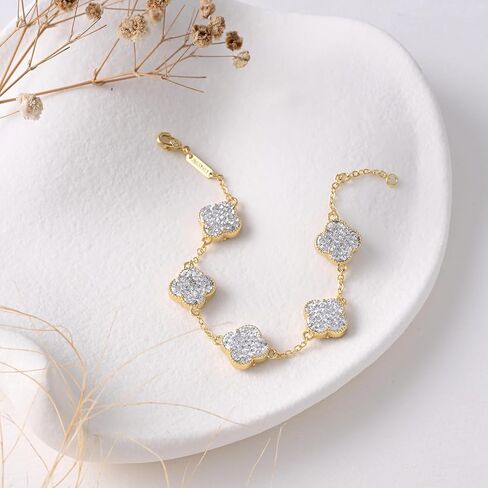 14k Gold Plated Sparkling White Cubic Zirconia Clover Bracelet for Women, Dainty Four Leaf Clover Sparkling White Bracelet, Adjustable Size, Trendy Jewelry Gifts For Her in Saudi Arabia