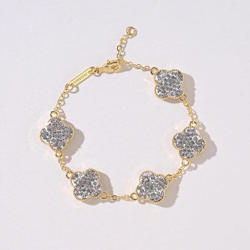 14k Gold Plated Sparkling White Cubic Zirconia Clover Bracelet for Women, Dainty Four Leaf Clover Sparkling White Bracelet, Adjustable Size, Trendy Jewelry Gifts For Her in Saudi Arabia