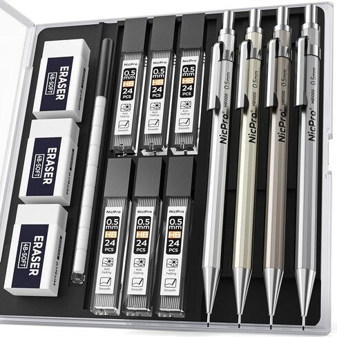 Nicpro 37PCS Metal Mechanical Pencil Set, 8PCS Lead Drafting Pencil 0.5, 0.7, 0.9 mm & 2mm Lead Pencil Holder For Sketching Drawing With 20 Tube (6B 4B 2B HB 2H 4H Colors)Lead Refill Eraser -With Case in Kuwait