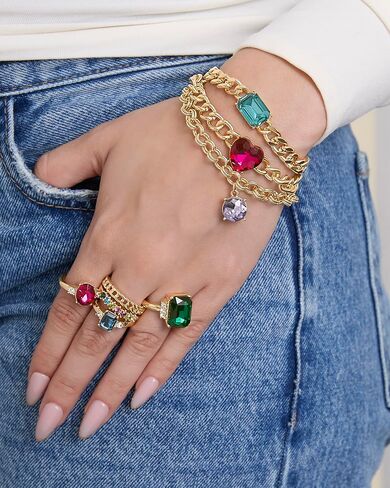 Jessica Simpson Gemstone Charm Chain Bracelet for Women 3-Piece, 7"+2" Chunky Charm Bracelets Gold-Tone with Gems in Saudi Arabia