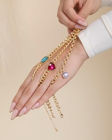 Jessica Simpson Gemstone Charm Chain Bracelet for Women 3-Piece, 7"+2" Chunky Charm Bracelets Gold-Tone with Gems in Saudi Arabia
