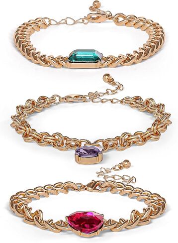 Jessica Simpson Gemstone Charm Chain Bracelet for Women 3-Piece, 7"+2" Chunky Charm Bracelets Gold-Tone with Gems in Saudi Arabia