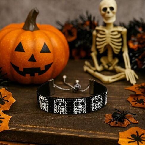 Gothic Rhinestone Bracelet for Women - Sparkly Y2K Skull Bat Ghost Charm, Adjustable Black Woven Cuff, Punk Emo Alt Fashion Jewelry Gifts for Teen Girls in Saudi Arabia