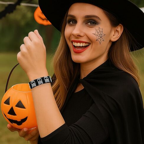 Gothic Rhinestone Bracelet for Women - Sparkly Y2K Skull Bat Ghost Charm, Adjustable Black Woven Cuff, Punk Emo Alt Fashion Jewelry Gifts for Teen Girls in Saudi Arabia