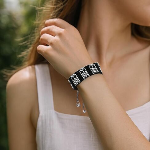 Gothic Rhinestone Bracelet for Women - Sparkly Y2K Skull Bat Ghost Charm, Adjustable Black Woven Cuff, Punk Emo Alt Fashion Jewelry Gifts for Teen Girls in Saudi Arabia