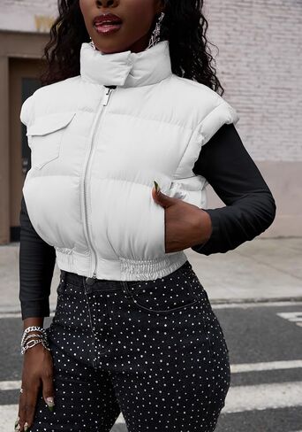 Ptorlio Puffer Vest Women Cropped Sleeveless Jacket Fall Winter Lightweight Stand Collar Zip Up Coat Outerwear in Saudi Arabia