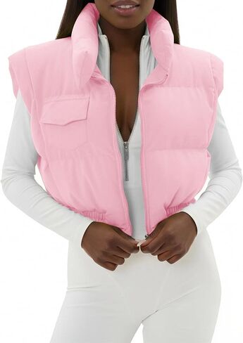 سترة منتفخة للنساء من Ptorlio سترة بدون أكمام للخريف والشتاء خفيفة الوزن وياقة ثابتة وسحاب معطف خارجي in Kuwait