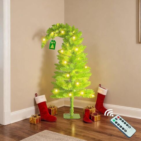 3FT Christmas Tree with Lights, 40 Led Battery Operated Powerd Bendable Mini Whimsical Lime Green Light Up Remote Contral Timer Curved Unique Artificial Xmas Decorations Small Fake Pine Tree Decor in Saudi Arabia