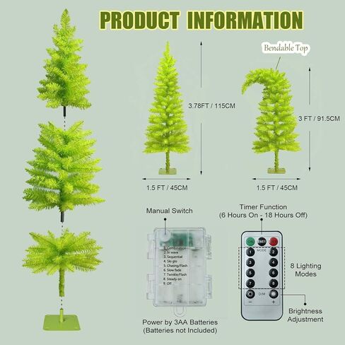 3FT Christmas Tree with Lights, 40 Led Battery Operated Powerd Bendable Mini Whimsical Lime Green Light Up Remote Contral Timer Curved Unique Artificial Xmas Decorations Small Fake Pine Tree Decor in Saudi Arabia