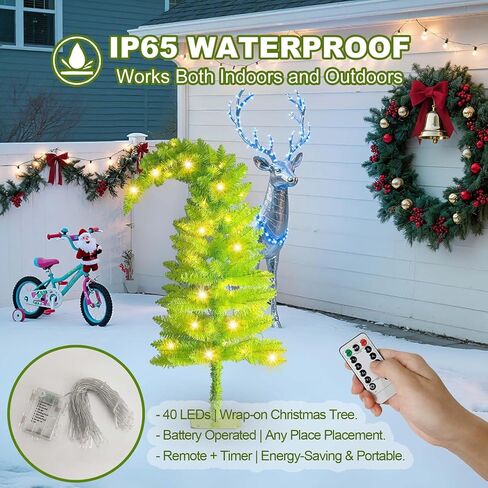 3FT Christmas Tree with Lights, 40 Led Battery Operated Powerd Bendable Mini Whimsical Lime Green Light Up Remote Contral Timer Curved Unique Artificial Xmas Decorations Small Fake Pine Tree Decor in Saudi Arabia