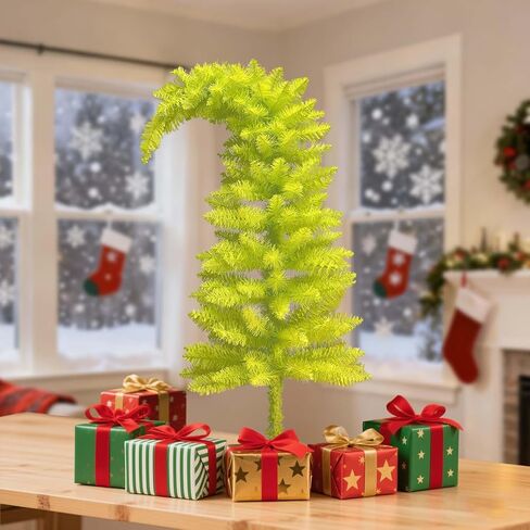 3FT Christmas Tree with Lights, 40 Led Battery Operated Powerd Bendable Mini Whimsical Lime Green Light Up Remote Contral Timer Curved Unique Artificial Xmas Decorations Small Fake Pine Tree Decor in Saudi Arabia
