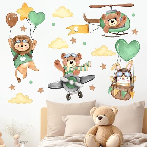 Yovkky Airplane Hot Balloon Bear Wall Decals Stickers, Blue Flying Animal Aircraft Neutral Toddlers Nursery Decor, Cloud Stars Home Decorations Kids Baby Bedroom Playroom Classroom Art in Kuwait