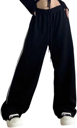 Womens Fashion Lace Trim Sweat Pants Elastic High Waist Drawstring Wide Leg Lounge Pants with Pocket for Yoga in Kuwait