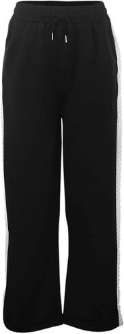Womens Fashion Lace Trim Sweat Pants Elastic High Waist Drawstring Wide Leg Lounge Pants with Pocket for Yoga in Kuwait